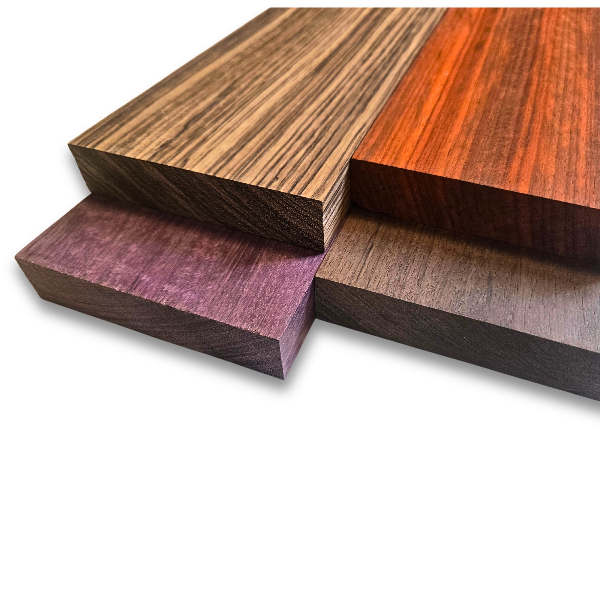 4 Pcs Exotic Hardwood – 4" x 12" x 3/4" – Zebrawood Purpleheart Padauk Peruvian Walnut