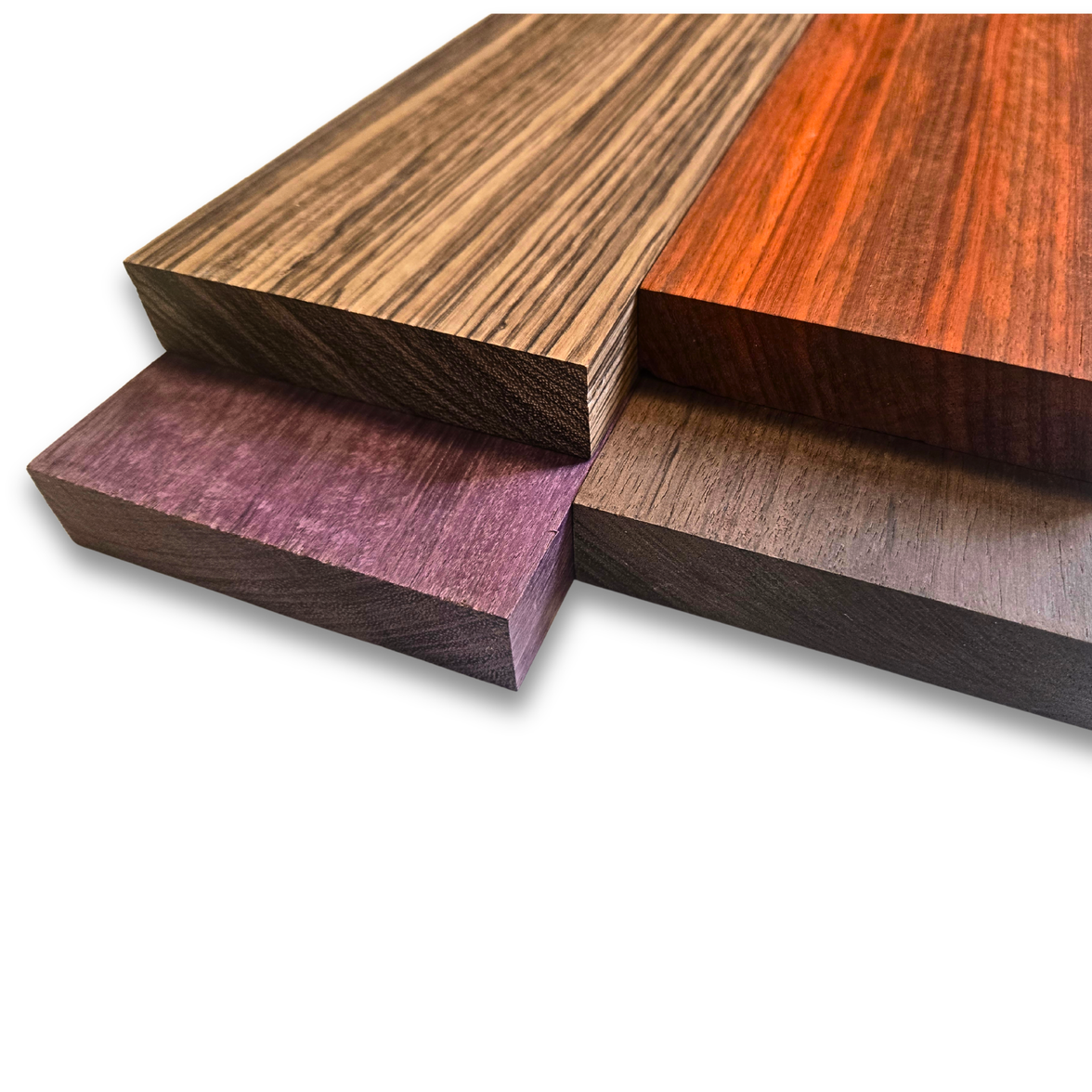 4 Pcs Exotic Hardwood – 4" x 12" x 3/4" – Zebrawood Purpleheart Padauk Peruvian Walnut