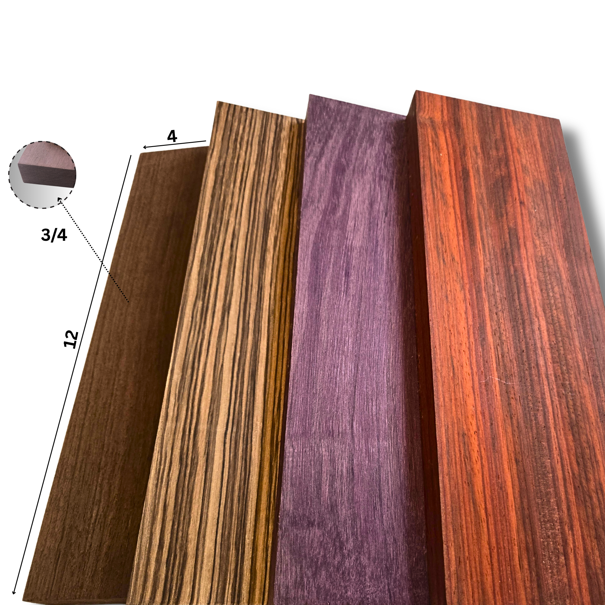 4 Pcs Exotic Hardwood – 4" x 12" x 3/4" – Zebrawood Purpleheart Padauk Peruvian Walnut