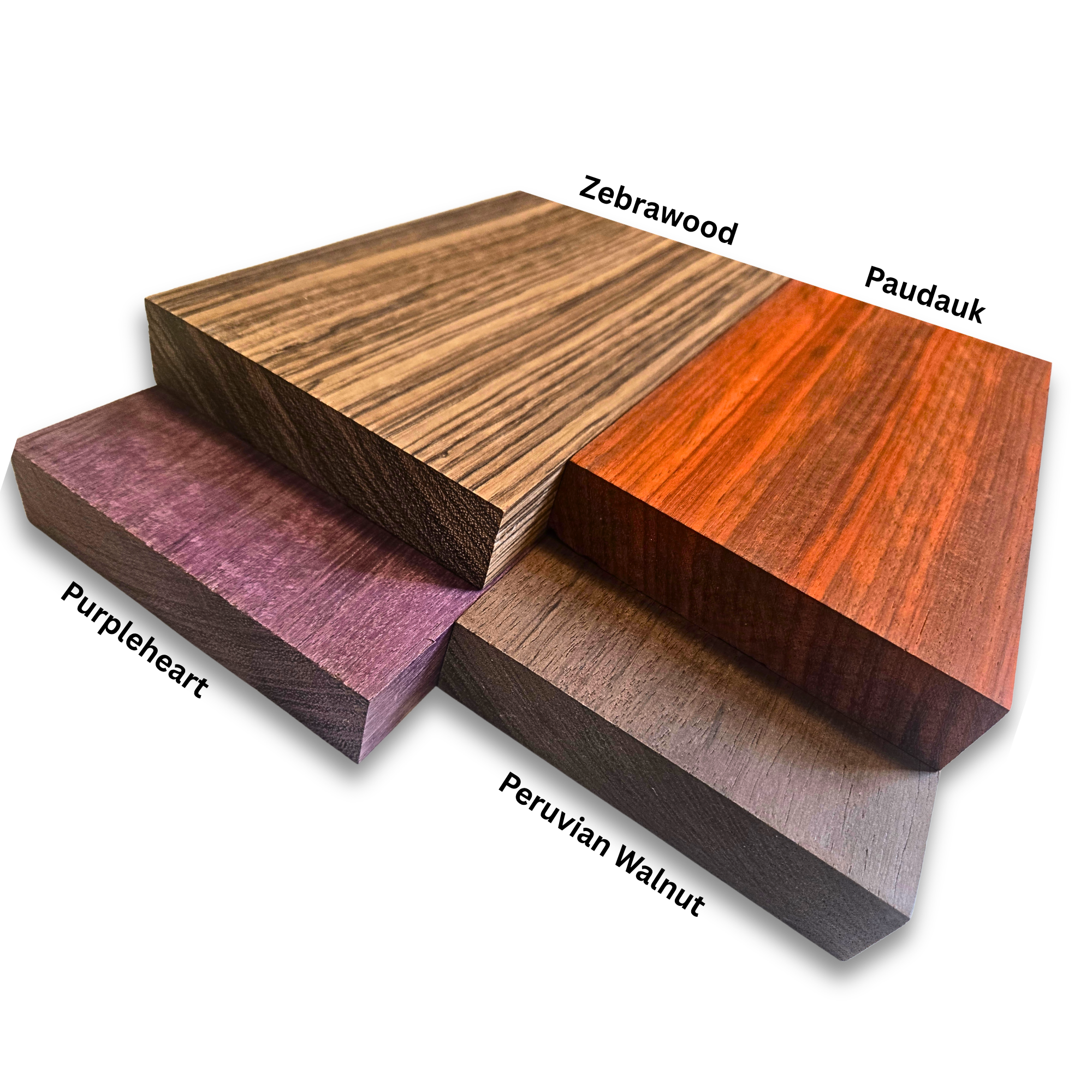 4 Pcs Exotic Hardwood – 4" x 12" x 3/4" – Zebrawood Purpleheart Padauk Peruvian Walnut