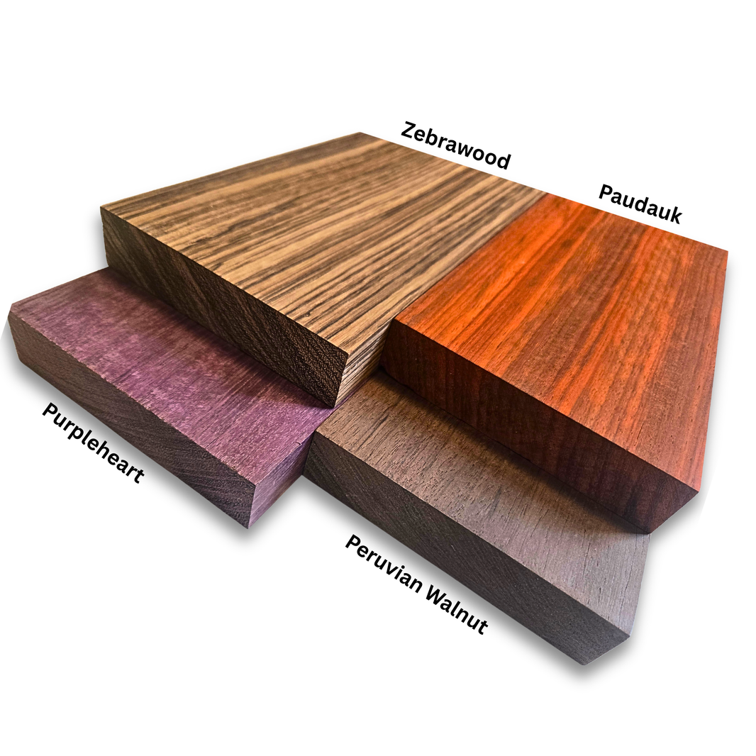 4 Pcs Exotic Hardwood – 4" x 12" x 3/4" – Zebrawood Purpleheart Padauk Peruvian Walnut
