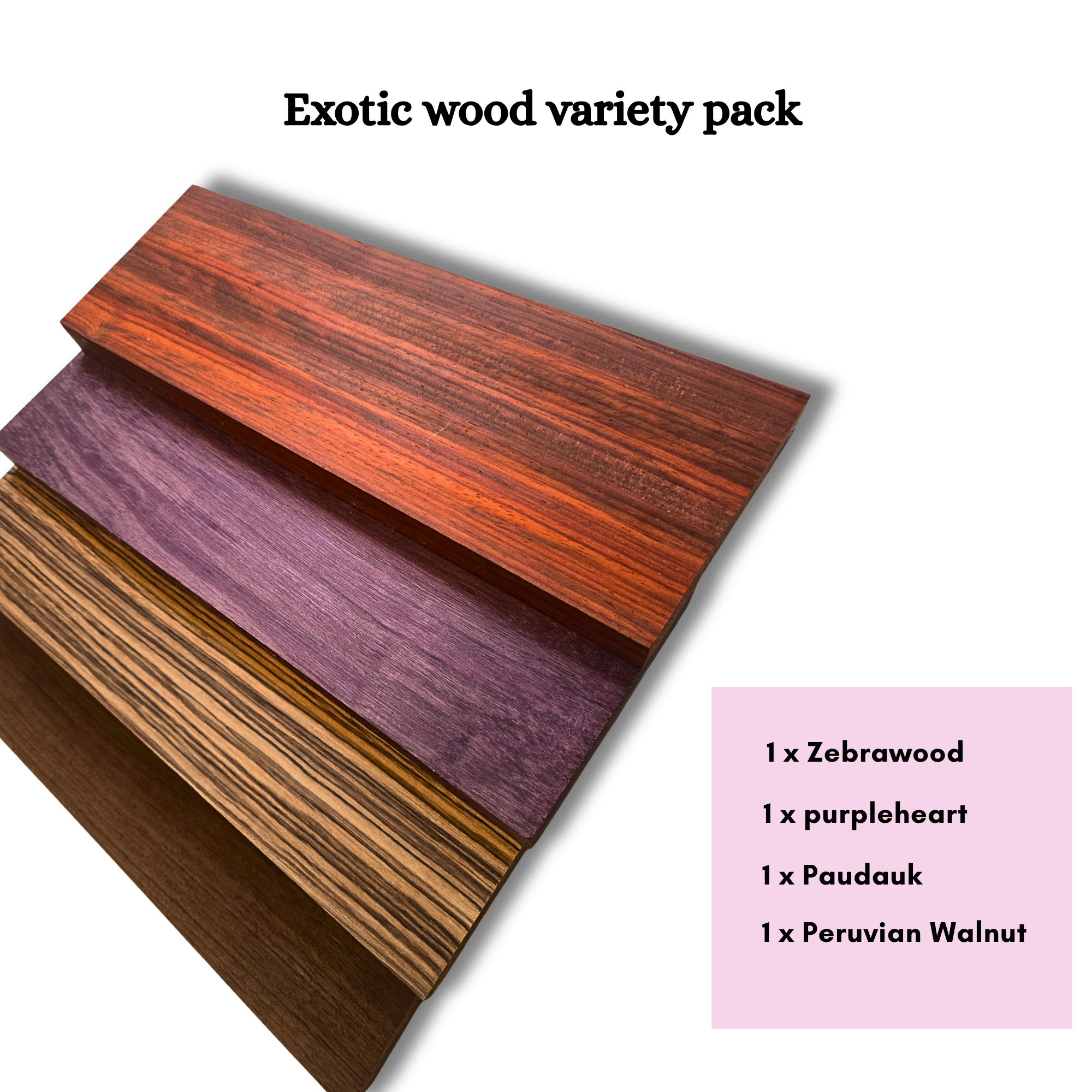 4 Pcs Exotic Hardwood – 4" x 12" x 3/4" – Zebrawood Purpleheart Padauk Peruvian Walnut