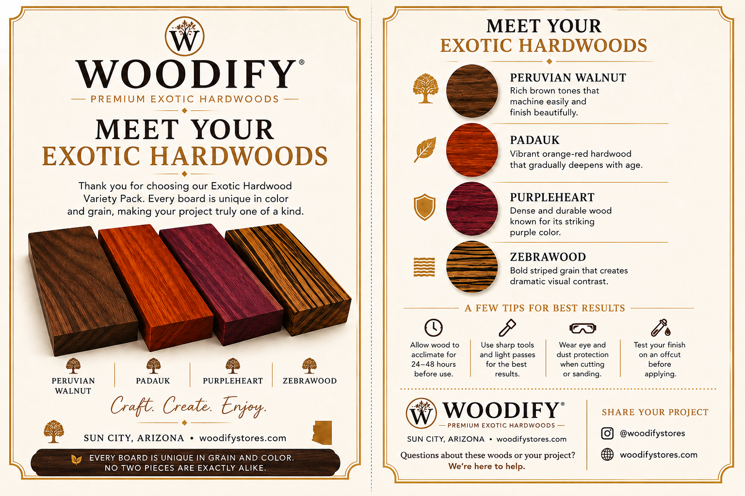4 Pcs Exotic Hardwood – 4" x 12" x 3/4" – Zebrawood Purpleheart Padauk Peruvian Walnut