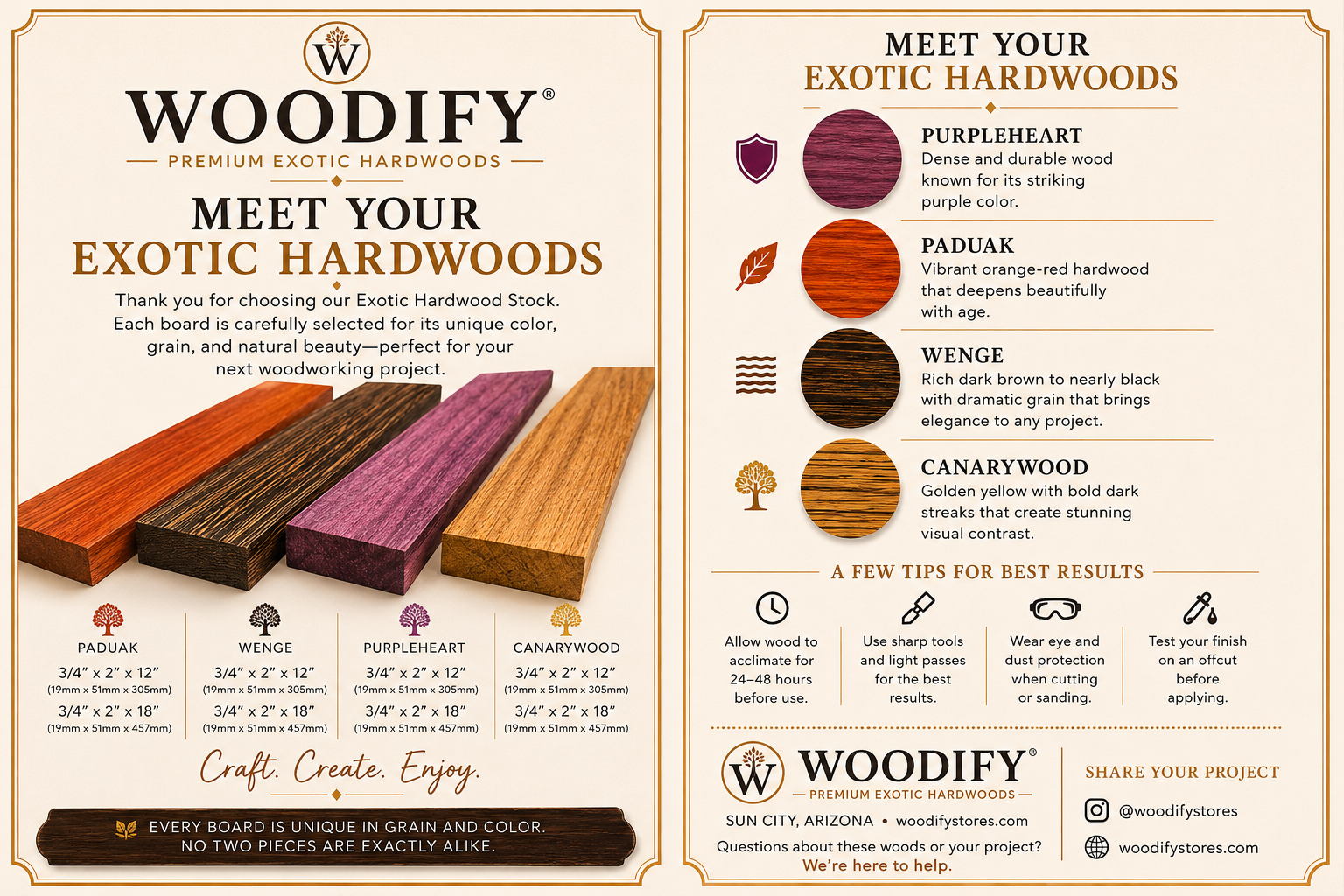 Exotic Hardwood Hobby Pack: Purpleheart, Wenge, Padauk, Canarywood Lumber