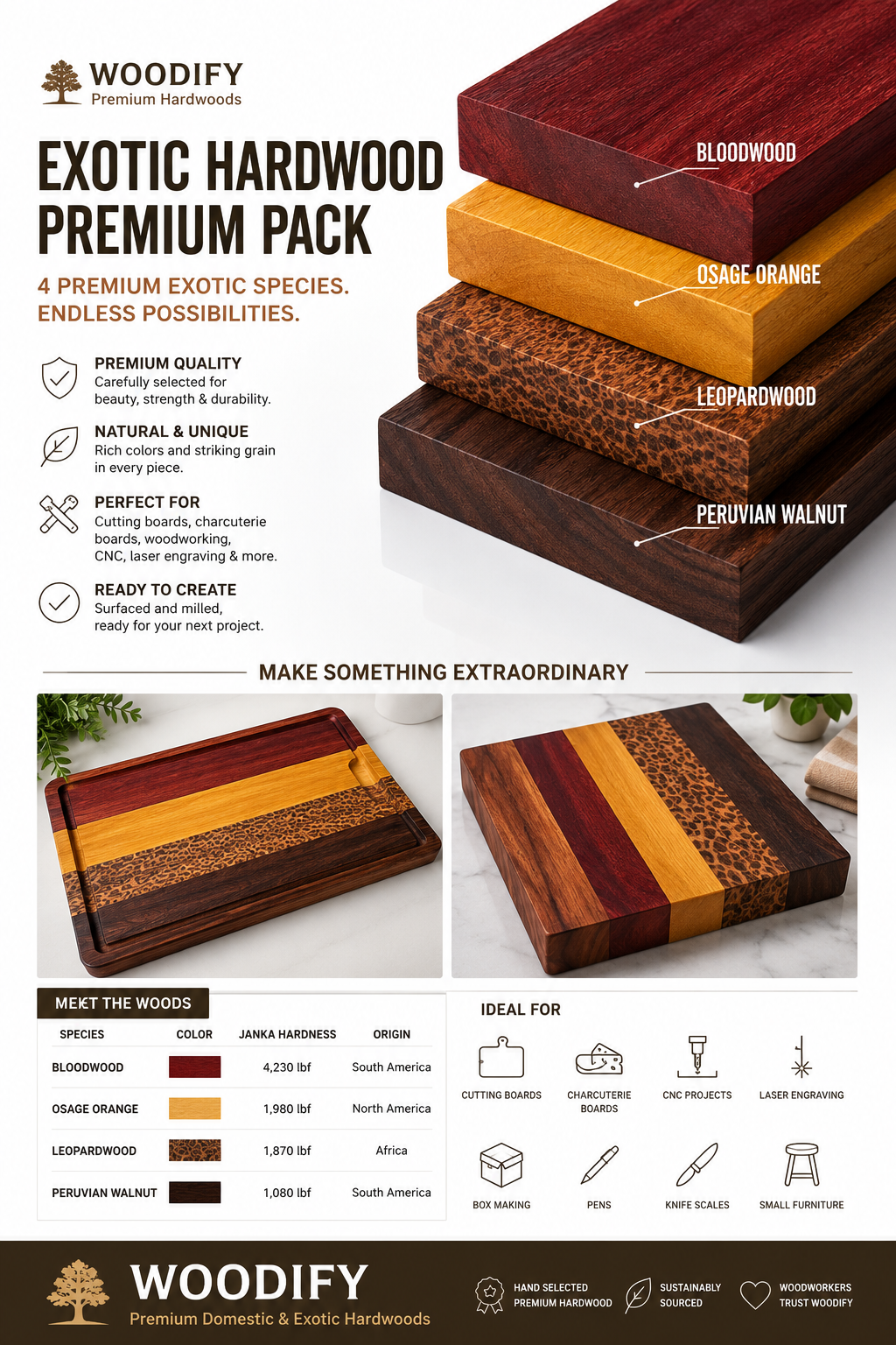 Exotic Hardwood Lumber Pack: Bloodwood, Leopardwood, Osage Orange, Walnut for Woodworking